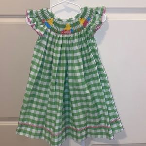 Green gingham smocked dress with chicks and eggs